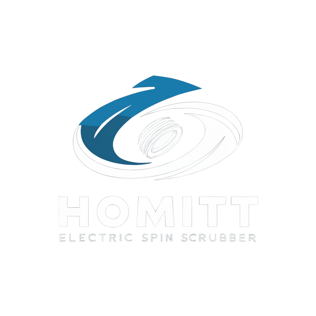 Logo for Homitt Electric Spin Scrubber featuring blue curved arrow and oval shapes